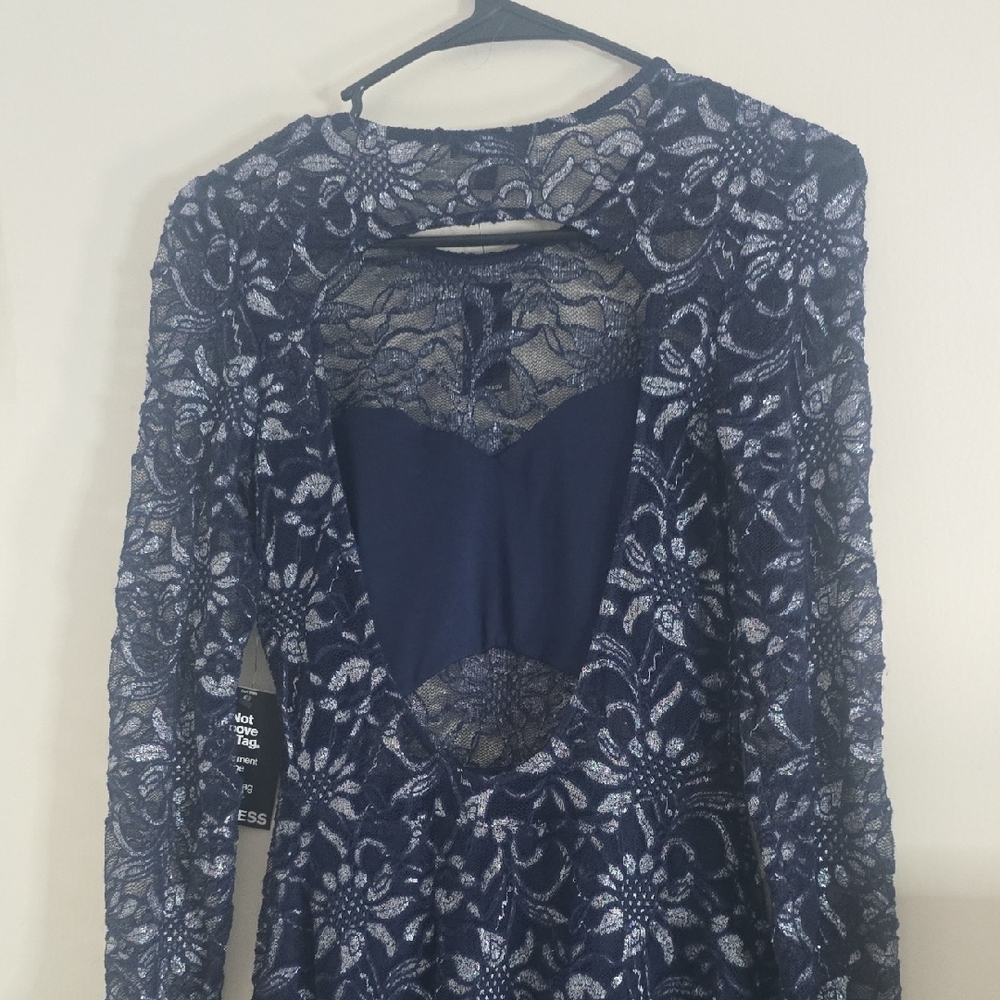 Express Midnight Blue & Silver Shimmer Floral Lace Dress (NWT)(XS)💙🤍💙 - Picture 7 of 9